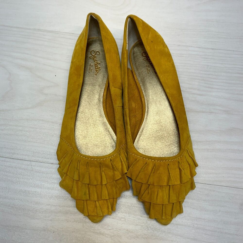 Seychelles Downstage Ballet Flats Women's Size 9.5 Mustard Yellow Ruffled Suede - Picture 6 of 9